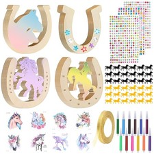 Hufeisen Holz Bastelset 49 Teile Kindergeburtstag DIY Pferde Konfetti Glitzer