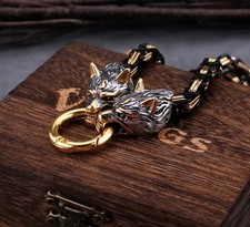 Armband mit keltischen Wolfs-Köpfen / Königskette / zweifarbig / Punk / Gothik