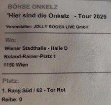 2x BÖHSE ONKELZ WIEN 21.12.25 SITZPLATZ TICKETS  1. RANG SÜD Bereich 62 Reihe O