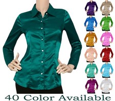 Frauen Satin Shirt Top Button-Down-Hemd Damen Langarm Bluse Oberteil Glänzend