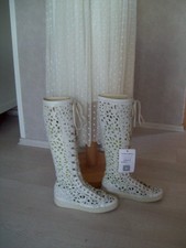 Chanel Stiefel Leder weiß Blumen Blüten Boho 39 Schnürung Festival Lochmuster