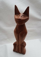 Katze Holz Teak wood massiv sitzend lachend 19 cm hoch handarbeit Tailand