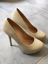 Glitzer High Heel Plateau Pumps, Gr. 40, silber / gold, Absatz 13 cm, getragen