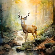 Wandbild Hirsch Bach Wald