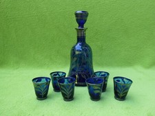 Altes 7-teiliges Likörset Glas bemalt BQ ARG 9,25 % Silber-Blau