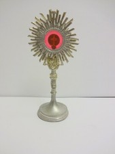 schöne kleine Monstranz Zinn Glas Hausaltar Altar Puppenstube Zubehör Alt Antik