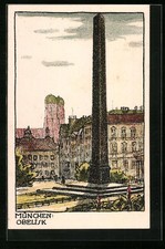 Steindruck-AK München, Obelisk gegen Frauenkirche 