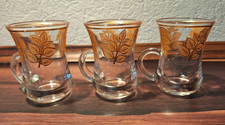3 vintage Schnapsgläser Shotgläser  Glas Pressglas 6 cl mit Henkel Goldrand Laub