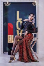 Burlesque Costume Show Dance Glamour Suit Black Red Noir Show Dress Body Suit