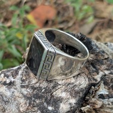 Gr. 11,5 großer rechteckiger Onyx Stein griechischer Schlüssel Brocken Ring Sterlingsilber 925 Band