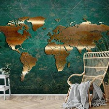 Fototapete Weltkarte metallic Wohnzimmer Schlafzimmer Grün Gold Vlies 9031b