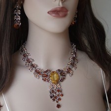 Collier + Ohrringe Set Brautschmuck Trachtenschmuck Blätter Kette Gelb