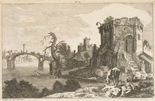 E. VAN DE VELDE (*1590), Phantastische Landschaft mit Ruinen, Kupferstich