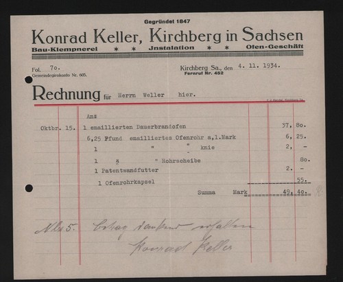 Kirchberg rechnung 1934 - kirchberg,,