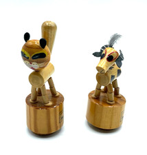 2x vintage Holzspielzeug Wackelfigur Drückfigur alte Werbung 70er J Katze + Kuh