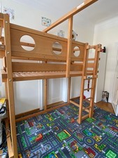 Billi-Bolli mitwachsendes Hochbett 90x200 Buche mit Steuerrad und Kletterseil