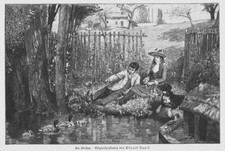Am WEIHER  Dorf Enten Hund Angeln Holzstich 1892