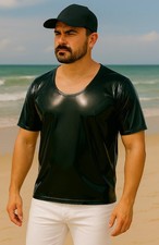 UNISEX PU Kunstleder Kurzarm - Shirt / T-Shirt / Blouse Schwarz glänzend Gr. XXL