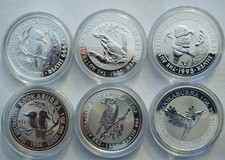 1991-1996 Australien Kookaburra, je 1 oz STGL Silber mit 41 mm Perth Mint Kapsel