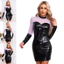 DE Damen Kleider Mesh Kleid Langarm Kostüm Lackleder Röcke Patchwork Kleidung