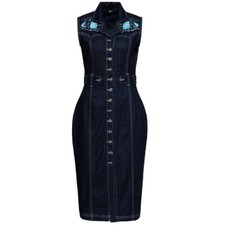 Queen Kerosin Denim Bleistiftkleid - Sailor Stickerei Hai Mermaid Rockabilly