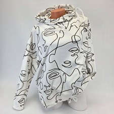 Damen Langarmshirt Kapuze Fleece Pulli Weiß mit Braun Gesichter Gr. 42-48 Italy