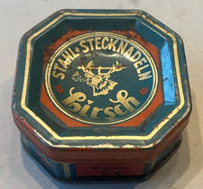 Alt Blechdose Stahl Stecknadeln Hirsch Leer 18cm  8 Eck 6,5cm bunt 30erJ Reklame