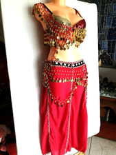 2-tlg Set Gr S M Bauchtanz Bollywood Belly Dance Kleid Top BH Rock Rot Gold Bd1