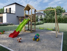 Kinderspielhaus Stelzenhaus Spielturm Spielhaus Doppelschaukel Rutsche grün rot