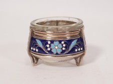 Antikes russisches Salz Kaviar Gefäß silber emailliert Blumendekor 2P90K Rommet