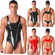 Herren One-Piece Badeanzug Pool Party Bademode Wet Look Lackleder Bodysuit