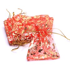 Schmuckbeutel, 9cmx7cm bis 23cmx17cm, Organzabeutel, Säckchen, gold/rot, Rosen