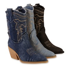 Damen Cowboy Boots Stiefeletten Spitze Denim Stickereien 841341 Schuhe 