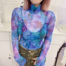 Damen sexy Mesh T-Shirt Oberteil langarm durchsichtig Netzshirt Blau Party