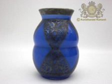 Seltene Art Deco Glas Vase in blau mit Silber-overlay verziert