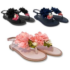 HAILYS Damen Sandalen Sandalette Zehentrenner Blumen Rüschen Riemen flach