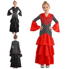 DE Mädchen Kleid Spanisch Maxi Flared Sleeve Kostüm Flamenco Tanzkleidung Tanzen