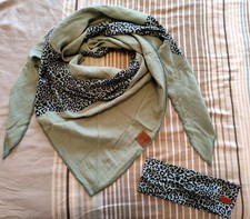 Großes Mousselin Tuch Dreieck lind grün oliv  Patchwork Leo Muster Set Stirnband