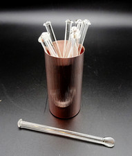 9 Rührstäbe Faden Glas Lauscha + Becher Aluminium eloxiert - Cocktail