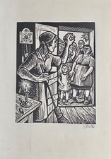 Carl Barth, 1896 - 1976,  signierter Holzschnitt " unverhoffter  Besuch "