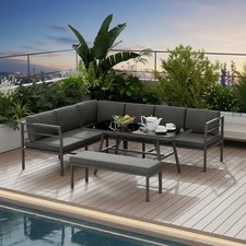 Essgruppe Aluminium Lounge Ecksofa mit Sitzbank Grau Tisch wetterfest