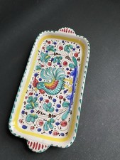 Italienische Majolika "grüner Hahn" Deruta Keramik Platte mit Griff 26cm x 12cm