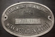Waggonschild builders plate Brüninghaus, Westhofen, sehr gut, Al