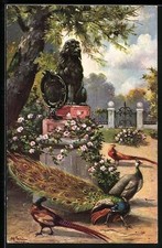 Künstler-AK Alfred Schönian: Blauer Pfau mit leuchtendem Federkleid, Denkmal, P 