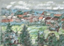 Sonja Wüsten Dorf Ortschaft Ansicht Pastell Unikat 20. 21. Jahrhundert