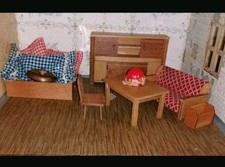 Holz-Möbel für alte Puppenstube, Bett Buffet Tisch Stühle Sofa 1940er Jahre 