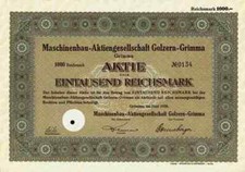 Maschinenbau Stammaktie Golzern Grimma 1938 VVB NAGEMA Dresden VEB Germania 1000