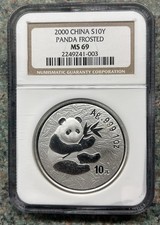 10 Yuan China Panda 2000 MS69, Silber 1 oz 999, Frosted Ring