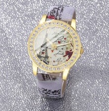 Armbanduhr Damen, modische Damenuhr  mit Eifelturm Motiv und Strass