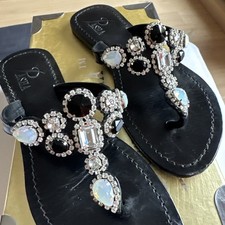 Pasha Jewelry Metallic Silber  Strass Leder Sandaletten Flipflops Gr 39 Schwarz